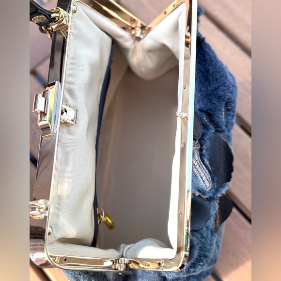 Terrida Blue Fur Leather Appliqué Top Handle Bag - Picture 7 of 8